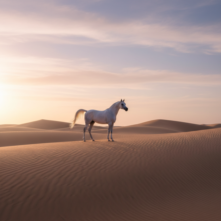White Arabian horse galloping in the desert sunset.