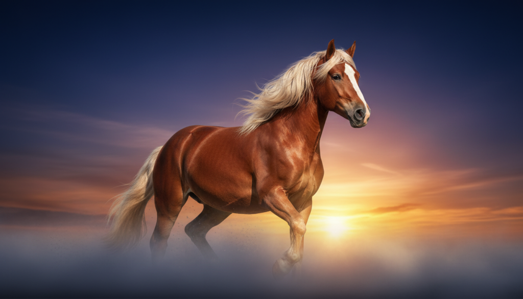 A muscular Belgian Draft horse, one of the strongest **Draft Horse Breeds**, walking through a sunlit forest.