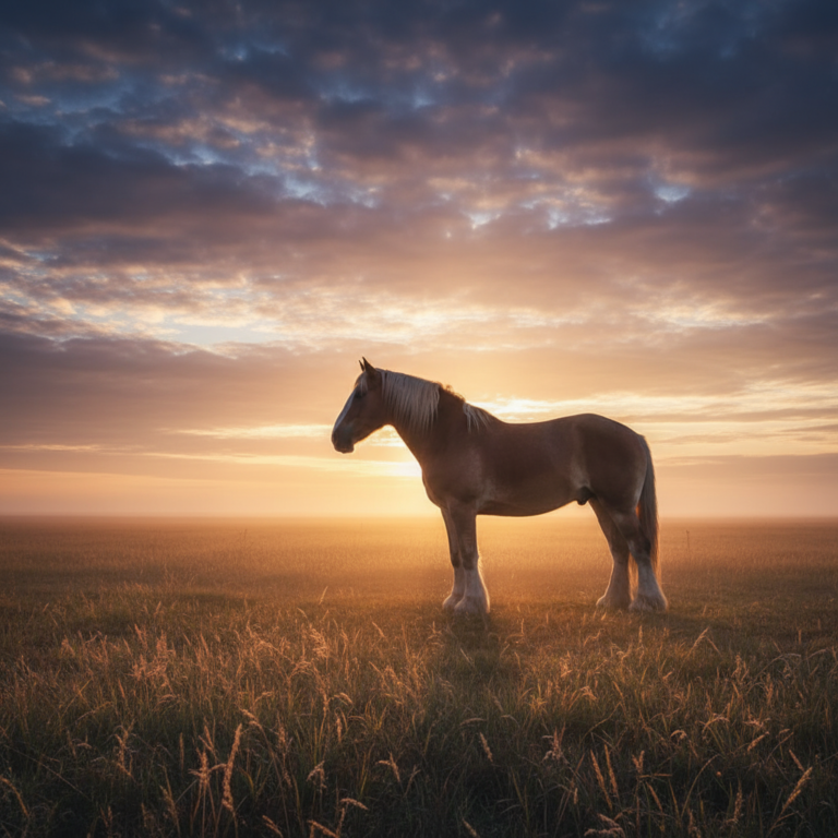 Majestic Clydesdale horse with white feathered legs standing in a green field.