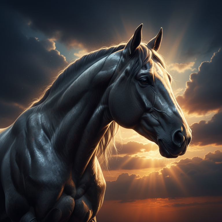 A muscular black horse at sunset, representing the peak physical condition achieved through balanced Draft Horse Supplements and nutrition.
