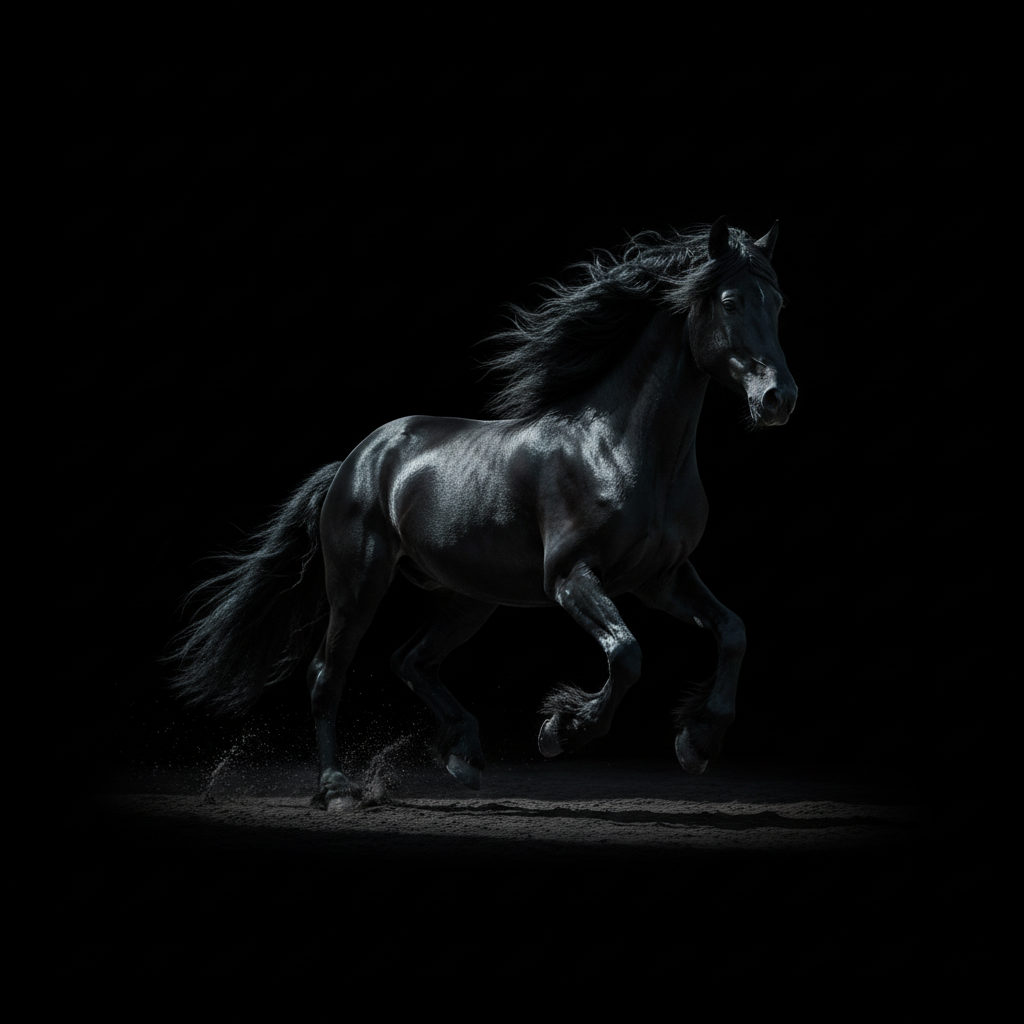 Majestic black Friesian horse galloping with its long mane flowing.