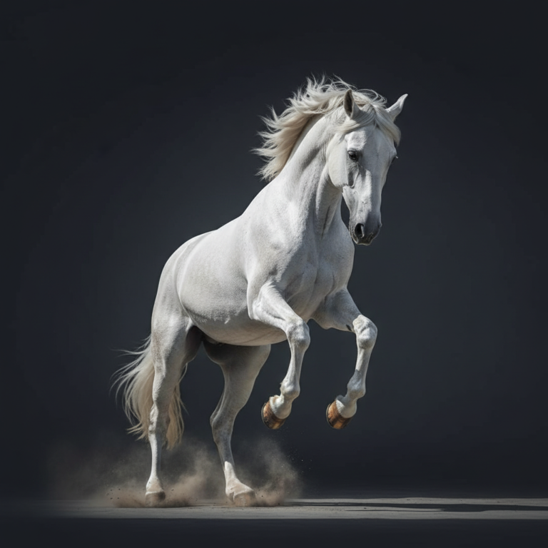 A majestic white Lipizzaner horse performing a classical dressage movement against a dark background