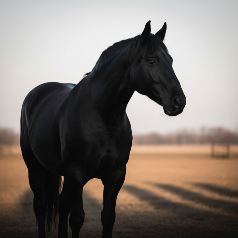 A majestic black Percheron draft horse standing in a field at sunset, showcasing its powerful and elegant build.