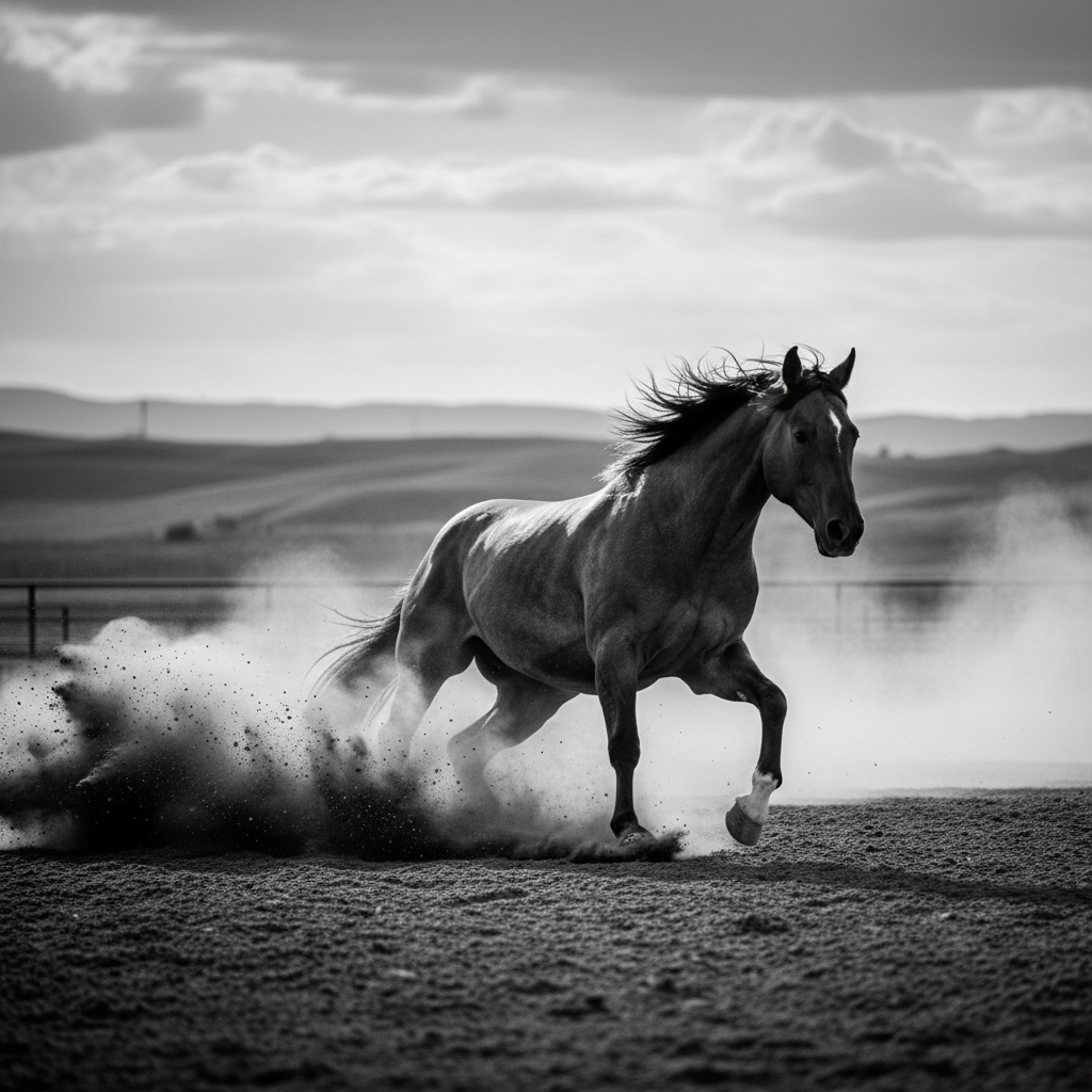 Athletic American Quarter Horse sprinting in an open field, showcasing its muscular build.