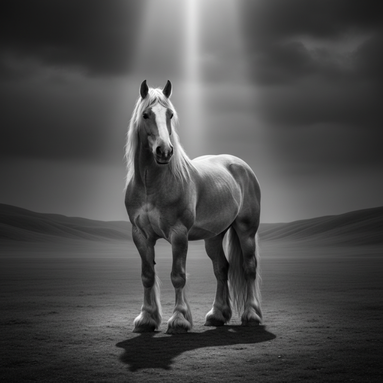 Majestic Shire horse standing in a landscape with dramatic lighting, highlighting its massive build.