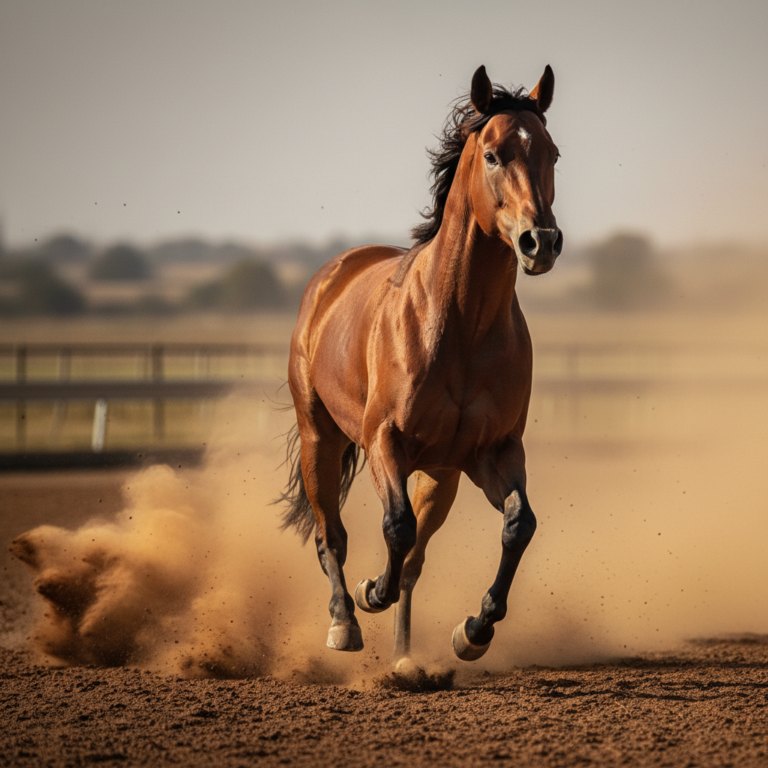 Bay Thoroughbred horse sprinting at full speed on a dirt track, kicking up dust.
