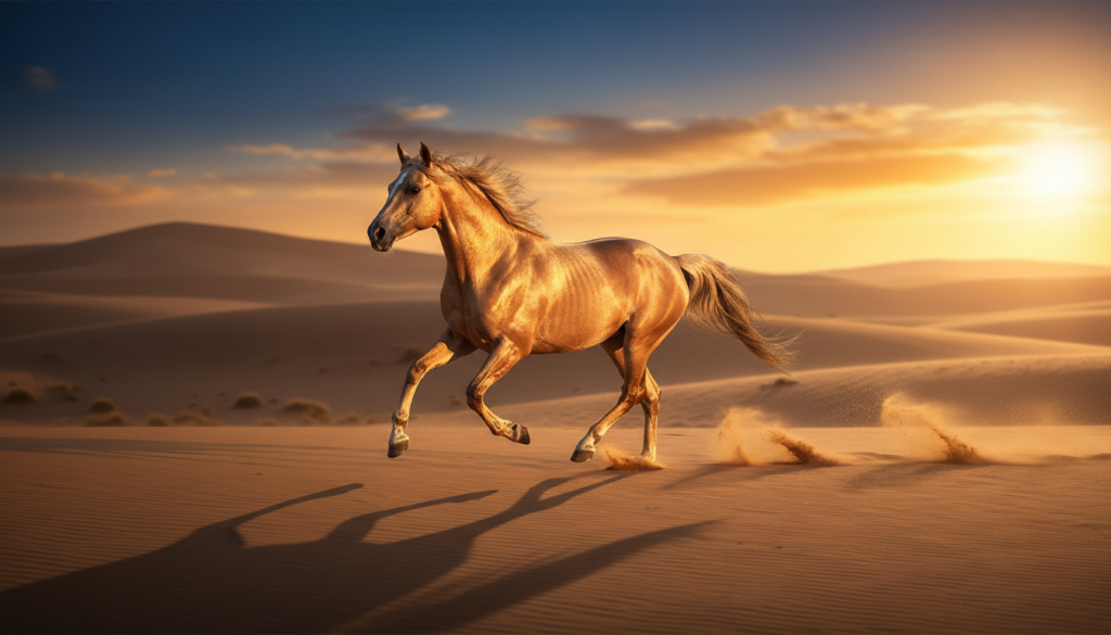A majestic golden Akhal-Teke horse breed galloping through the desert sand dunes at sunset.