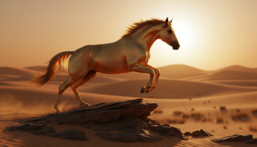 A golden Akhal-Teke horse breed jumping over a rock in the desert during a bright sunset.