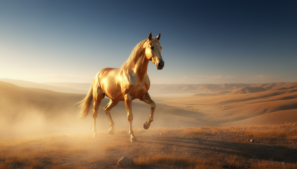 A golden Akhal-Teke horse breed walking through a dusty valley during sunrise.