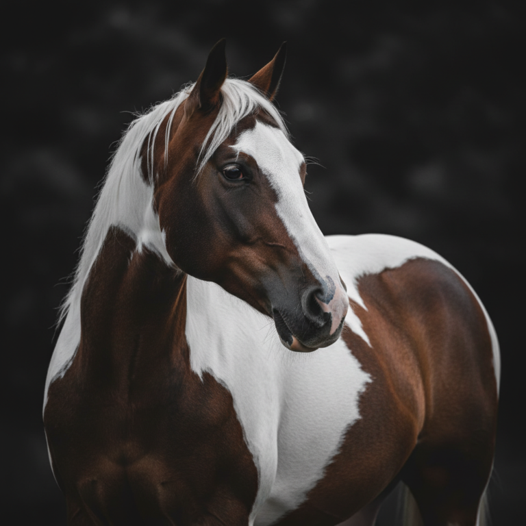 Close-up portrait of an American Paint Horse with a brown and white tobiano coat pattern and white mane