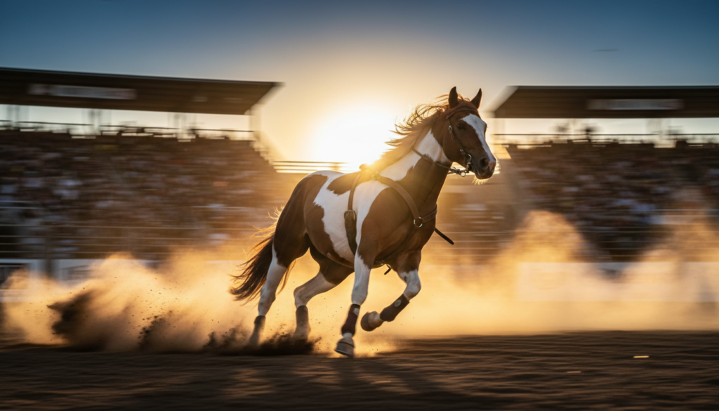 An athletic American Paint Horse competing in a barrel racing event, kicking up dust in a sunlit rodeo arena