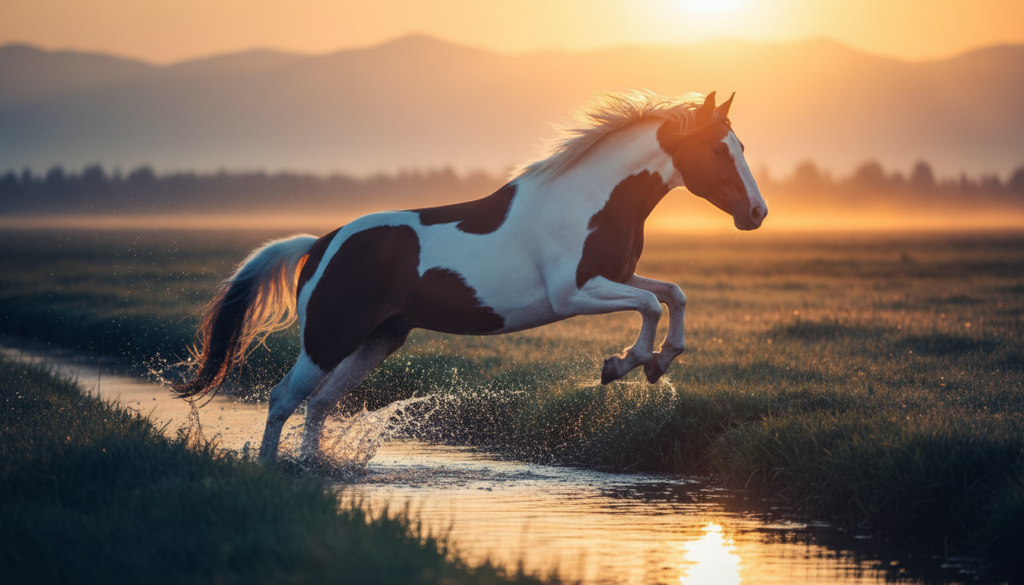 An athletic American Paint Horse galloping through shallow water during sunset, showcasing its power and unique coat patterns