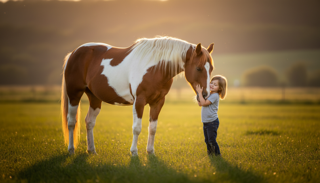 A gentle American Paint Horse standing calmly in a sunlit field while a young child affectionately hugs its face