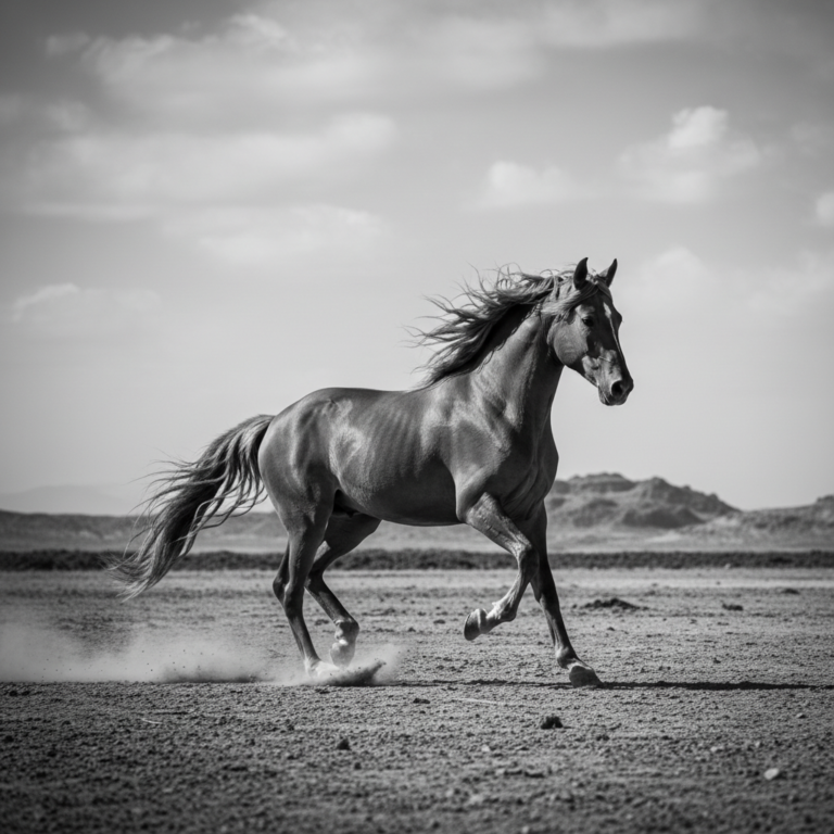 A powerful Andalusian horse running in a gallop across a dusty field
