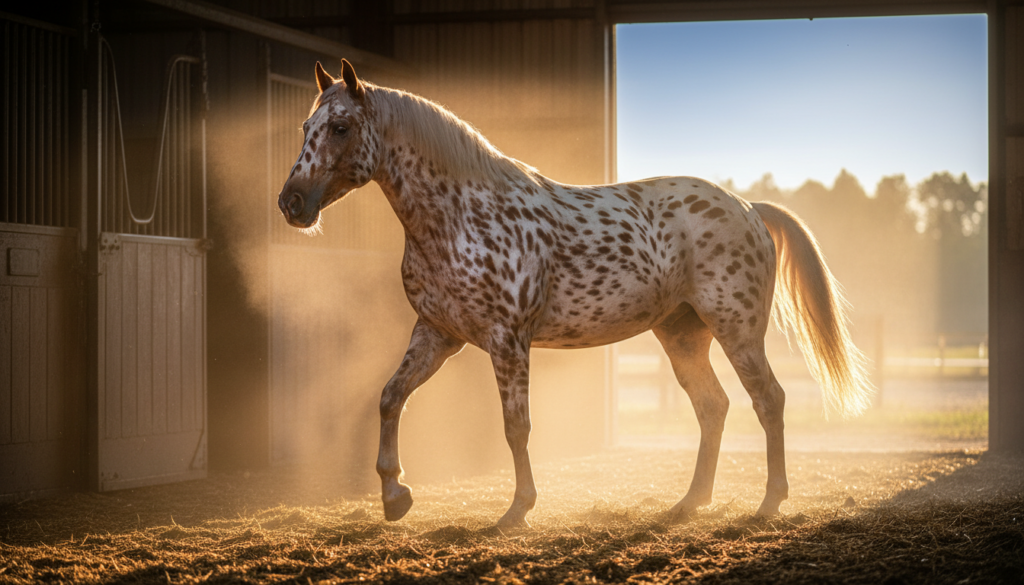 A leopard-spotted Appaloosa horse walking in a dusty stable, showing the need for specialized grooming