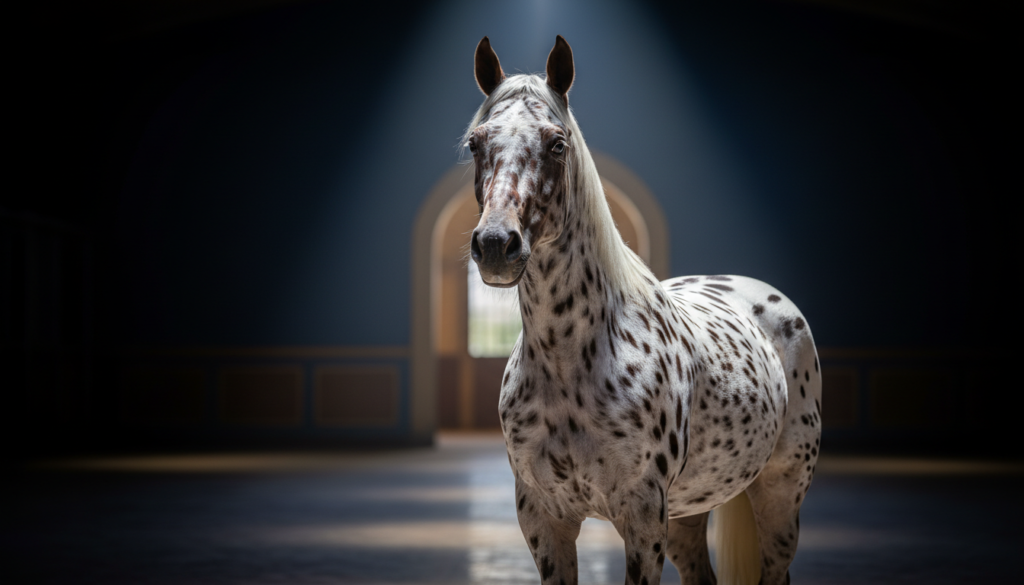 A majestic leopard-spotted Appaloosa horse standing in a stable, representing ApHC breed standards