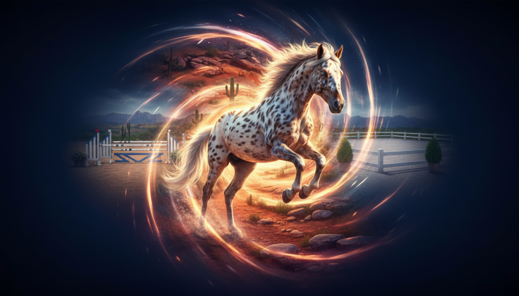 A dynamic leopard-spotted Appaloosa horse jumping through a glowing spiral, symbolizing breed versatility