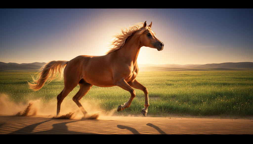 A majestic Arabian horse galloping at sunset, representing the global spread and Arabian horse history from the Middle East to Europe.