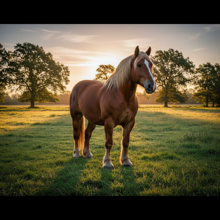 A massive Belgian Draft Horse standing in a sunny pasture, showcasing its muscular build and powerful presence.