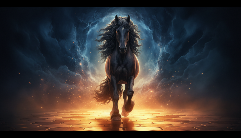 A powerful black Friesian horse galloping forward through a dramatic landscape, representing the importance of quality and health when you buy Friesian horse.