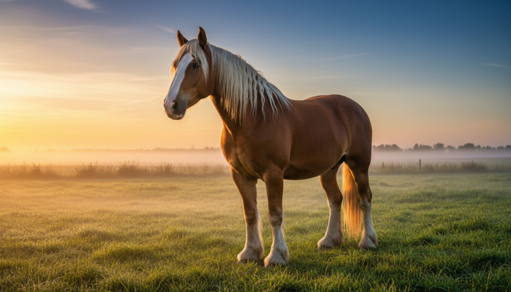 A chestnut Clydesdale horse with a white mane and feathered legs standing in a dewy green pasture at sunrise.