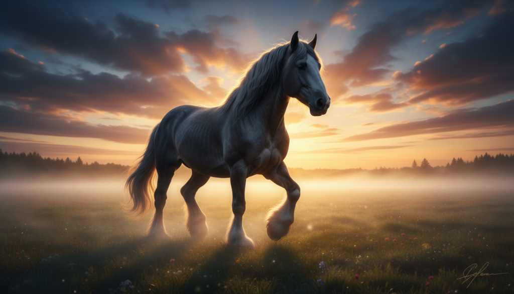 A majestic Clydesdale horse walking through a misty green field at sunrise, showcasing its massive build and feathered legs.