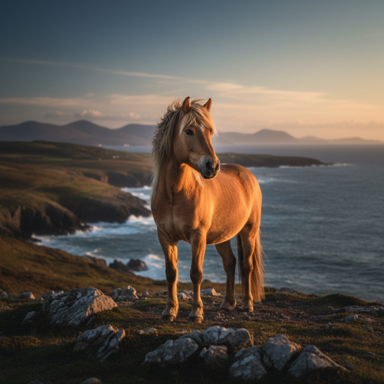 A beautiful Connemara Pony standing on a rugged cliffside overlooking the Irish coastline at sunset