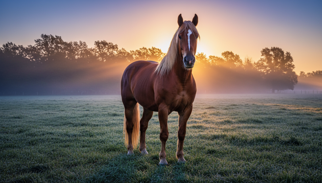 A calm chestnut draft horse standing in a misty pasture at sunrise, representing the careful consideration of equine nutrition and veterinary guidance.