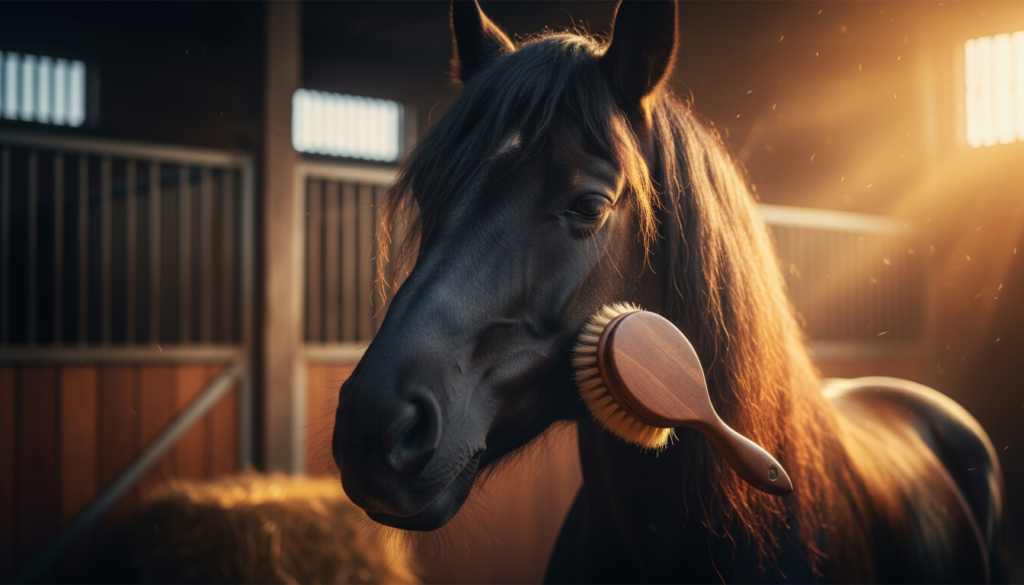 A close-up of a black horse being gently brushed on the face with a soft horse grooming tool.