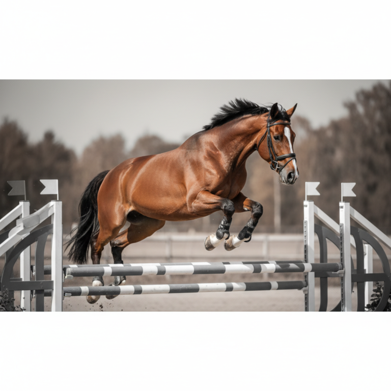 A powerful bay Hanoverian horse jumping over a high hurdle during an equestrian show jumping competition