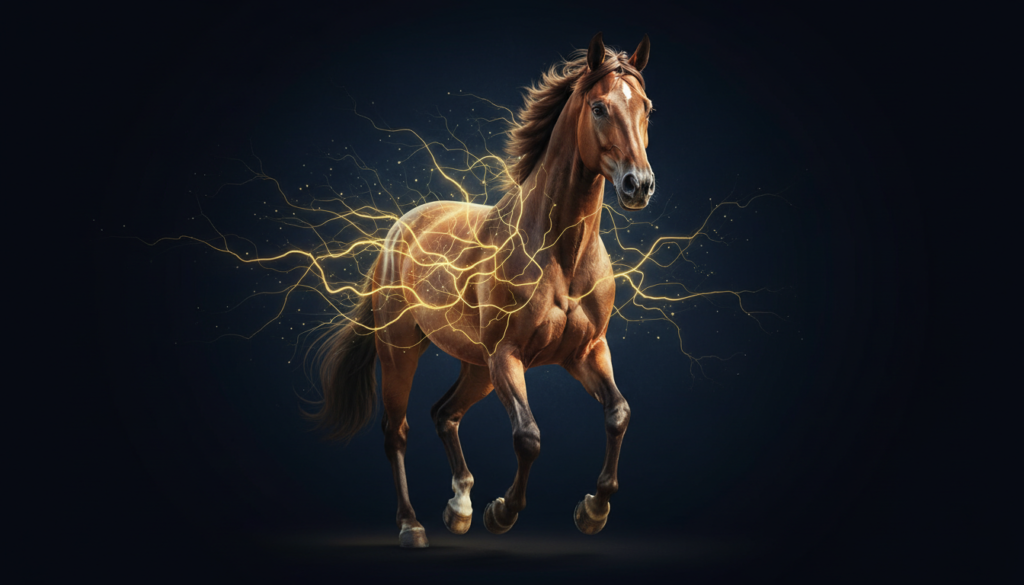 A conceptual image of a Hanoverian horse with glowing golden neural-like patterns representing its complex and elite bloodlines