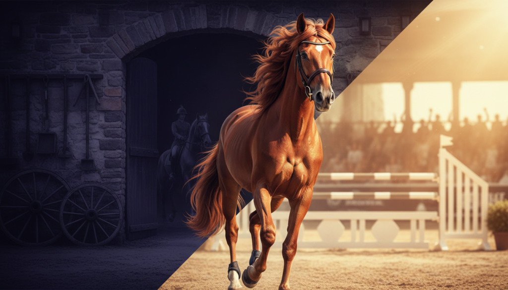A split-screen style image showing a Hanoverian horse transitioning from a dark stable setting to a bright, modern competition arena with hurdles