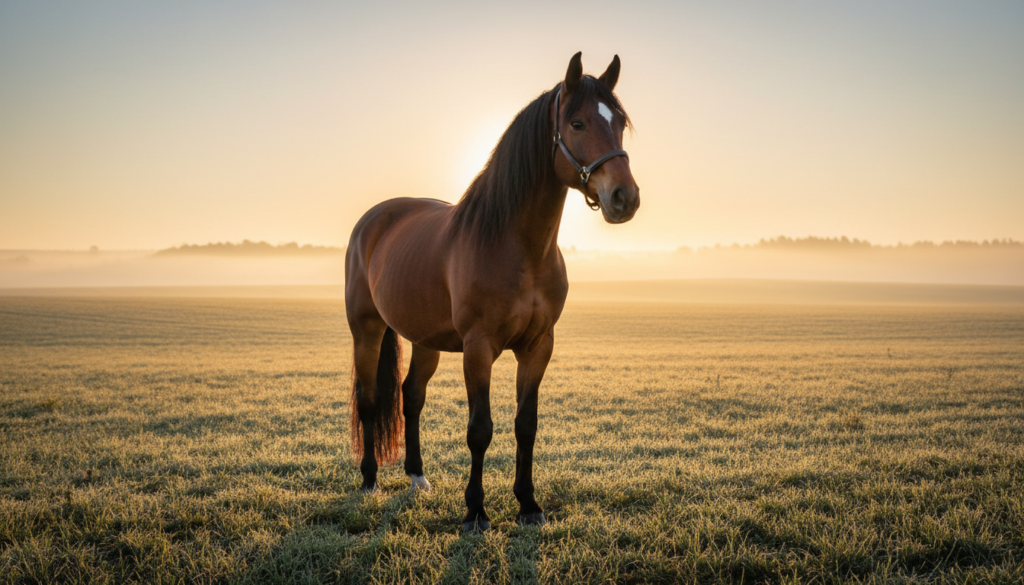 A close-up portrait of a calm and intelligent Hanoverian horse with a white star on its forehead in a peaceful misty field