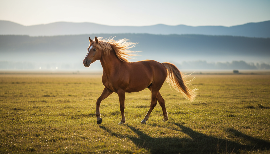 A beautiful chestnut horse running in a field, showing a healthy and well-groomed mane and tail.