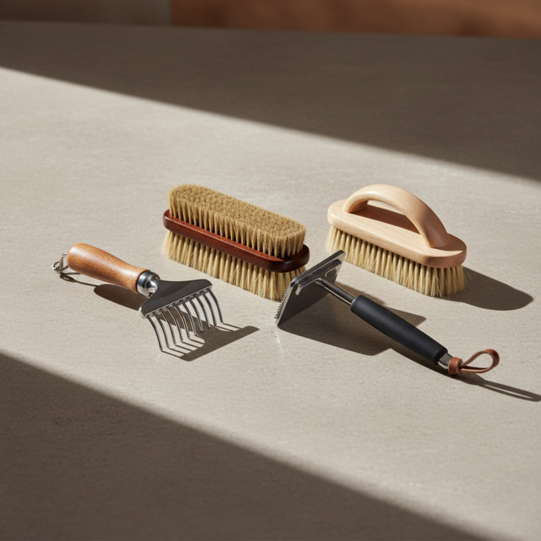 A professional set of horse grooming tools including wooden brushes and metal combs on a neutral surface.