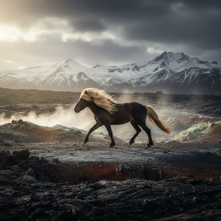 A majestic dark Icelandic horse with a flowing blonde mane galloping across a rugged volcanic landscape with snow-capped mountains in the background