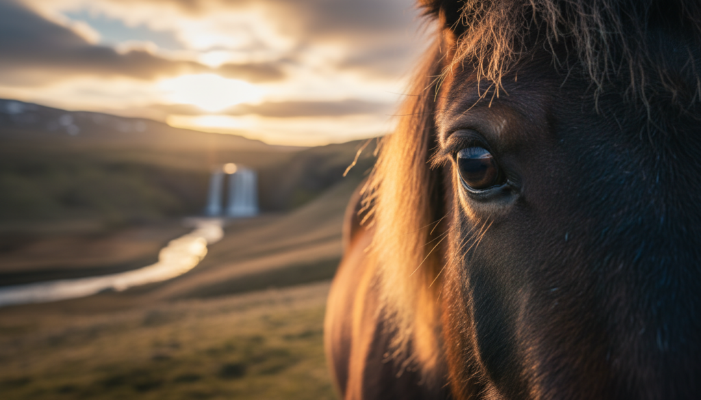 A close-up portrait of a chestnut Icelandic horse with a gentle expression, standing in front of a scenic Icelandic waterfall