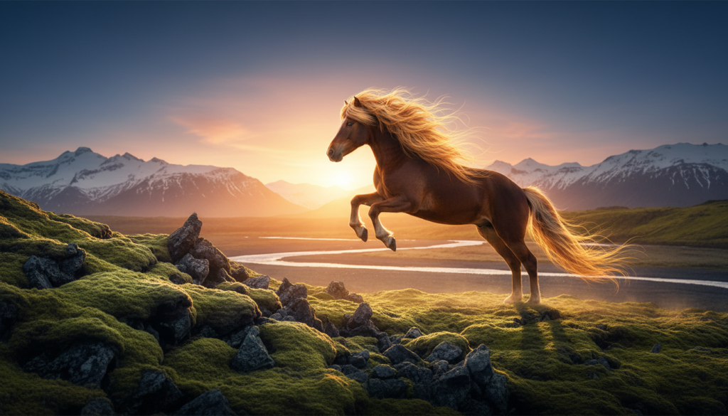 A magnificent Icelandic horse rearing up in a lush green volcanic landscape during sunset with snow-capped mountains in the background