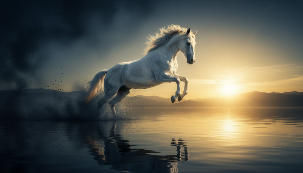 A majestic white Lipizzaner horse galloping through water at sunset, symbolizing resilience and the journey of the breed