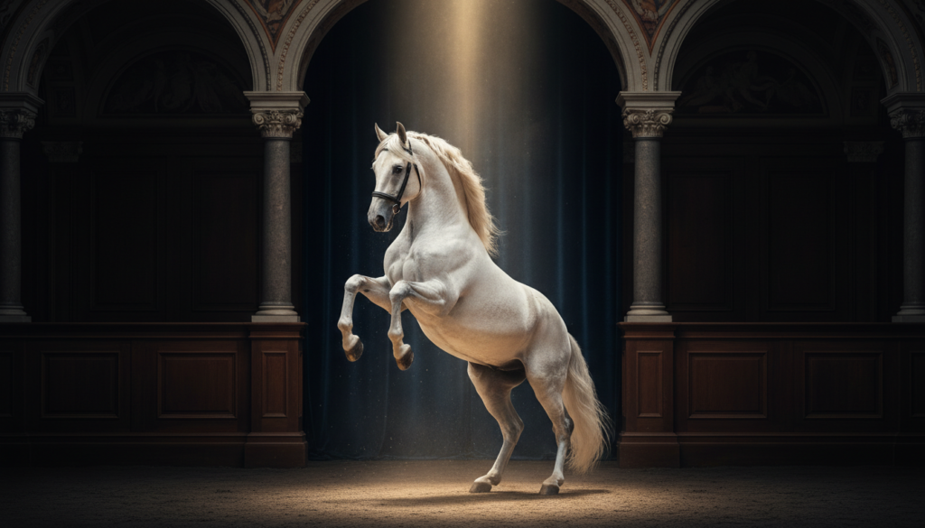 A white Lipizzaner horse performing a majestic rearing movement under a spotlight in a grand, classical royal arena