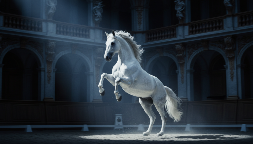 A majestic white Lipizzaner horse performing the Levade maneuver in the grand classical arena of the Spanish Riding School in Vienna