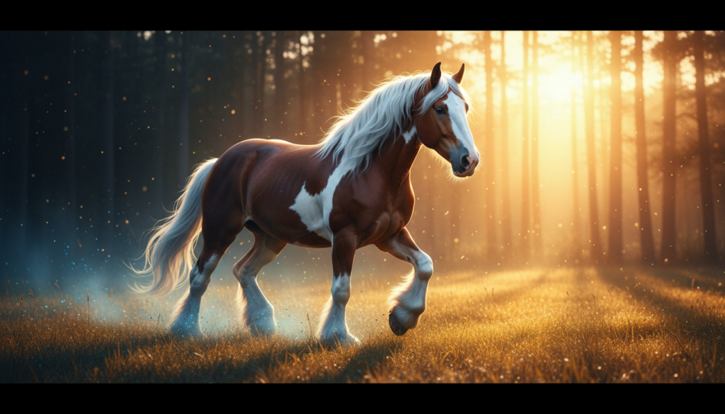 A majestic pinto Clydesdale, one of the most famous Draft Horse Breeds, walking through a sunlit forest.