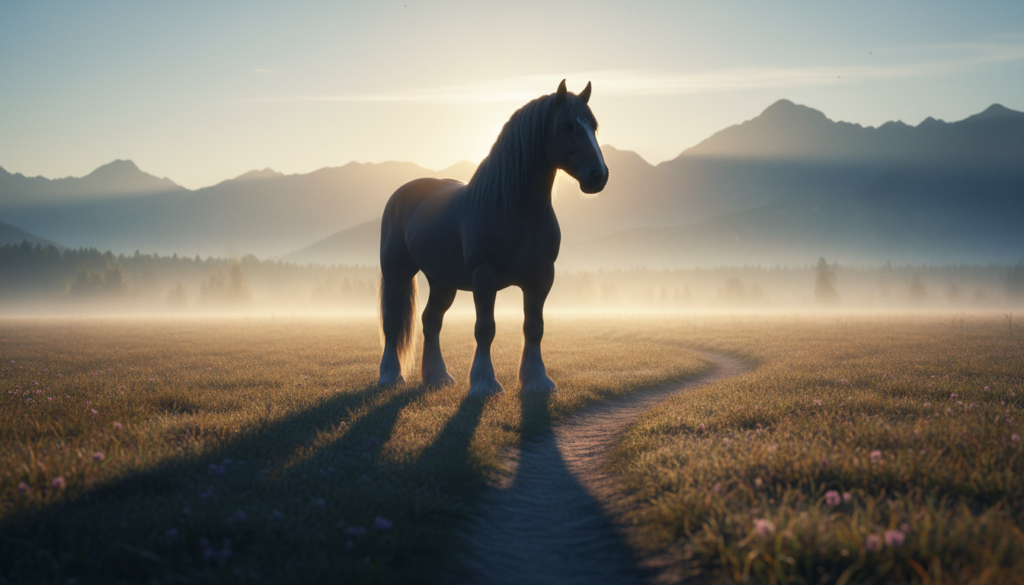 A majestic Shire horse, the tallest of all **Draft Horse Breeds**, walking through a sunlit forest.