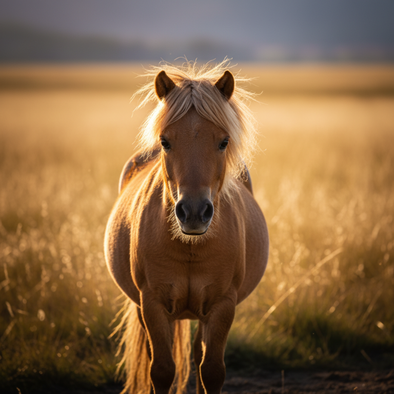 A fluffy brown Miniature Horse standing in a sunlit golden field at sunset, showcasing its small stature and gentle gaze