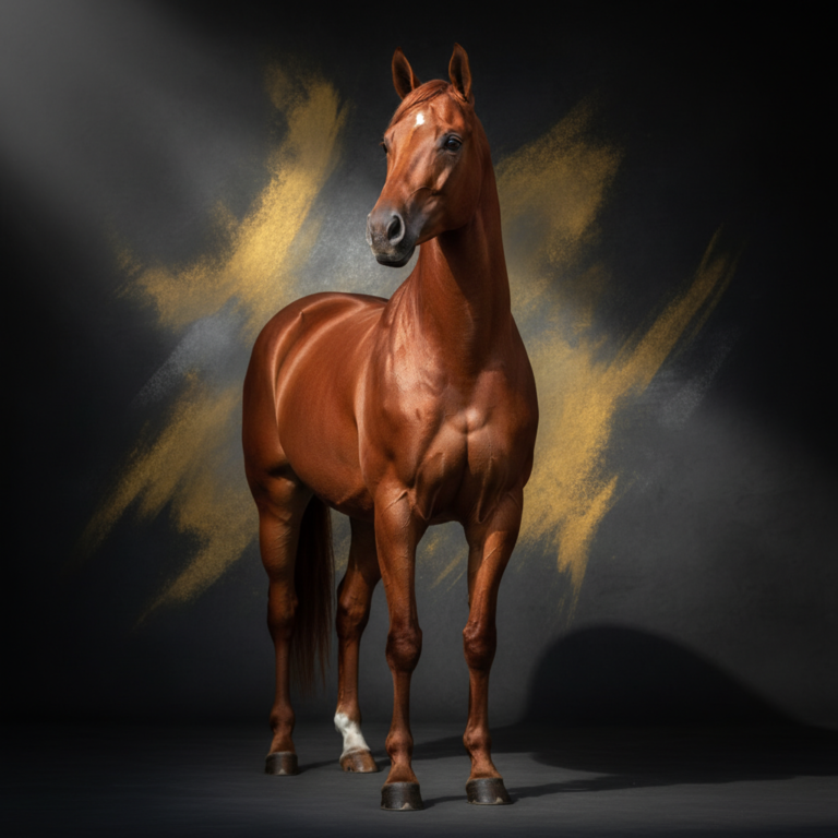 A muscular chestnut Morgan horse standing in a studio setting, highlighting its compact and powerful build
