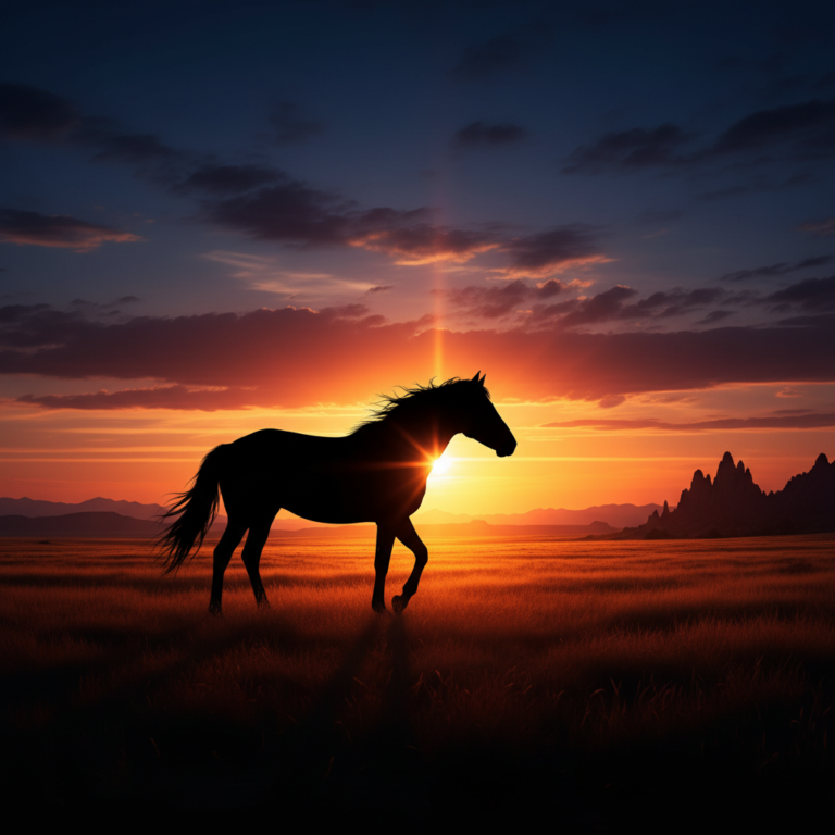 Silhouette of a majestic Mustang horse at sunset, symbolizing freedom in the American West