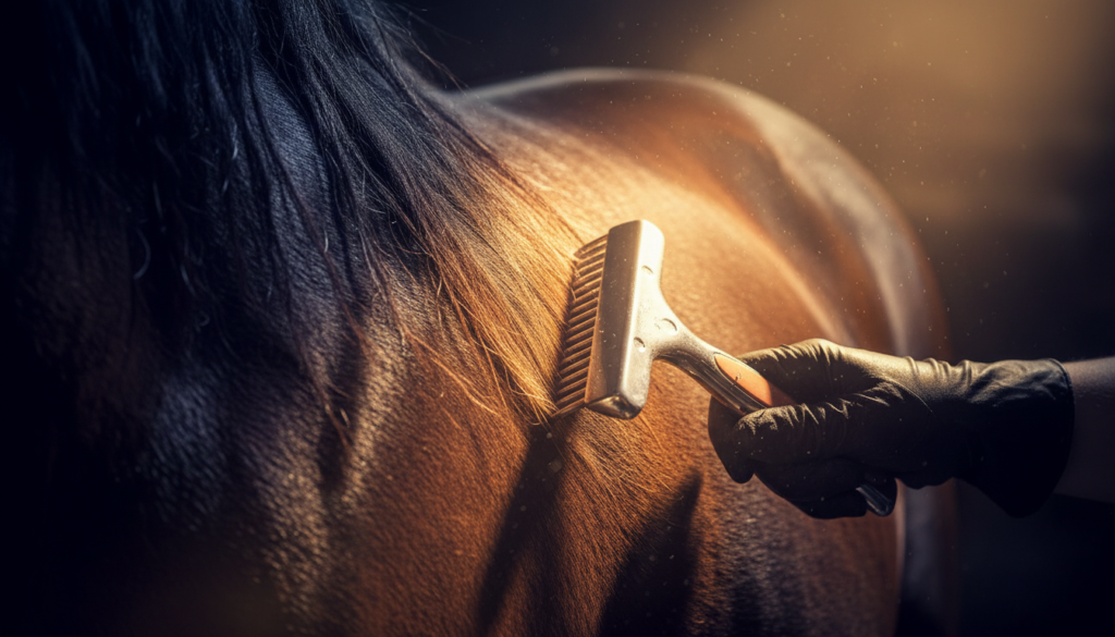 A person using a metal horse grooming tool to brush a horse's coat for a healthy shine.