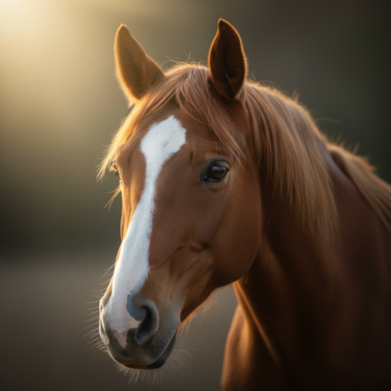 A close-up portrait of a chestnut Tennessee Walking Horse with a white blaze on its forehead and a gentle expression in soft sunlight