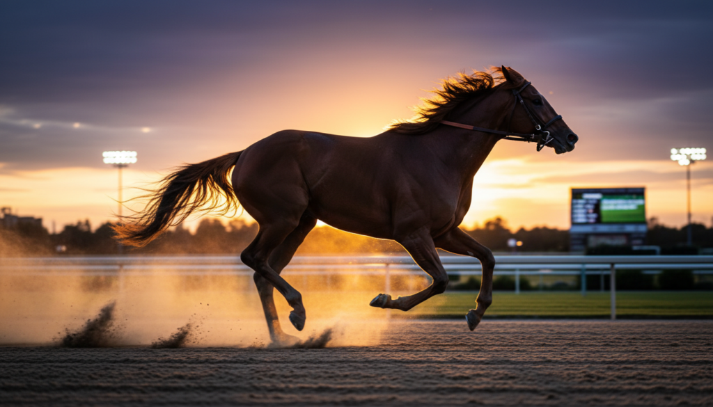 A Thoroughbred horse sprinting at full speed on a racetrack during sunset, capturing the essence of Thoroughbred horse racing and prestige.
