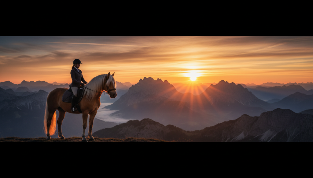 A majestic Haflinger Horse and rider standing on an Alpine peak at sunset, representing the ultimate equestrian commitment and partnership